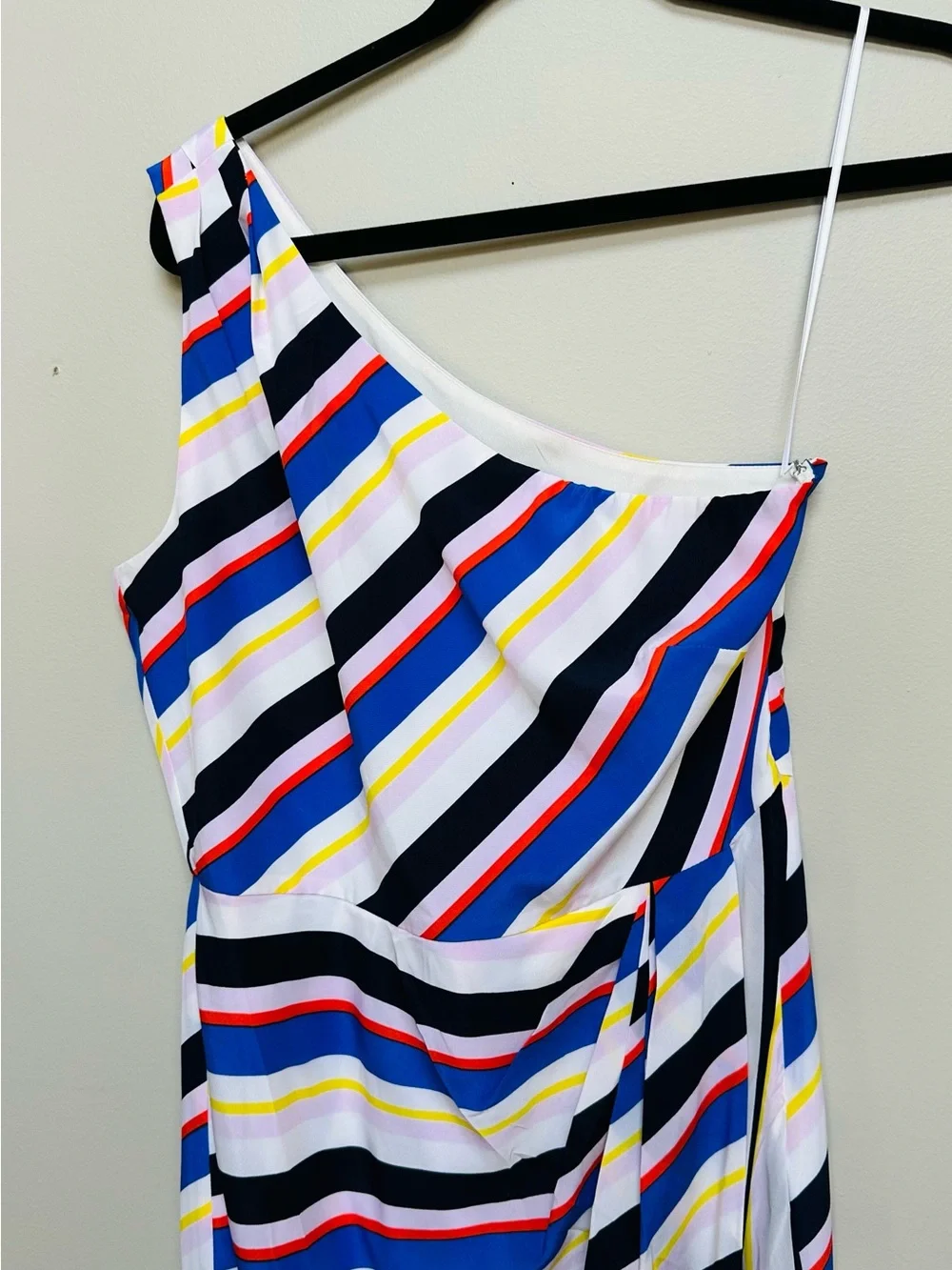 J Crew Sz 6 One-Shoulder Striped Midi Dress in White and Navy Blue